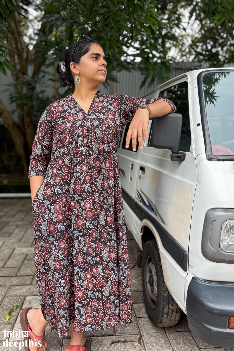 Florals on Black Ajrakh Dress - Lobha Deepthis