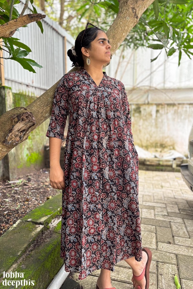 Florals on Black Ajrakh Dress - Lobha Deepthis