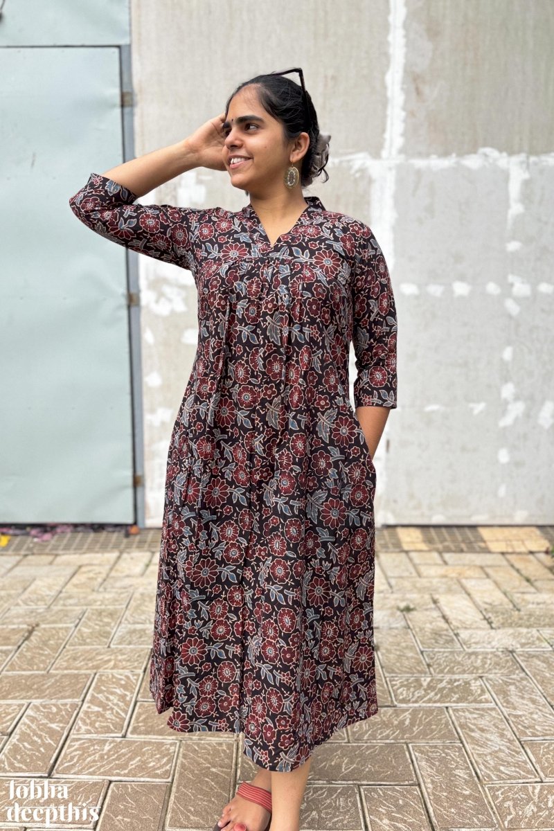 Florals on Black Ajrakh Dress - Lobha Deepthis