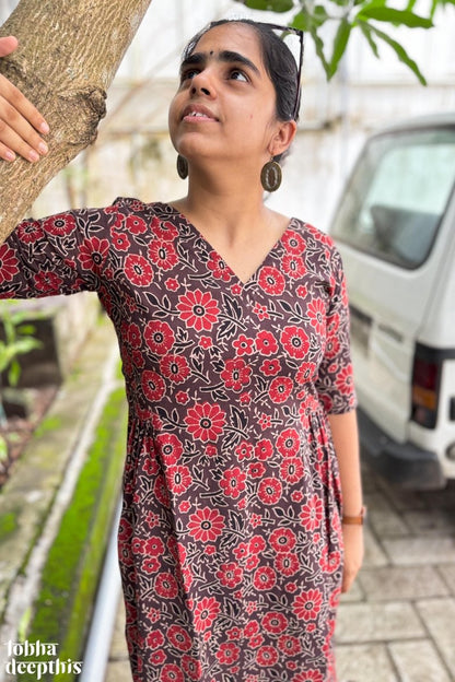 Florals on Chocolate Ajrakh Dress - Lobha Deepthis