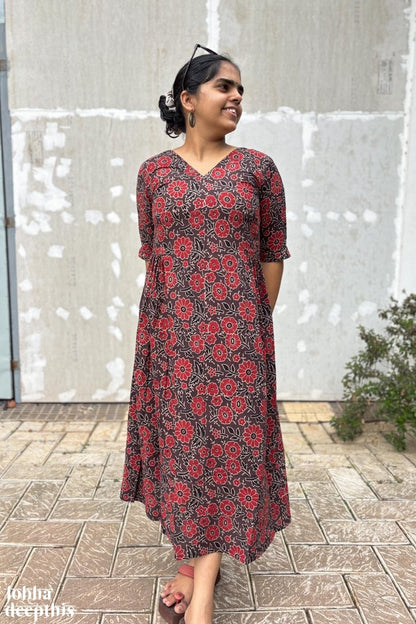 Florals on Chocolate Ajrakh Dress - Lobha Deepthis