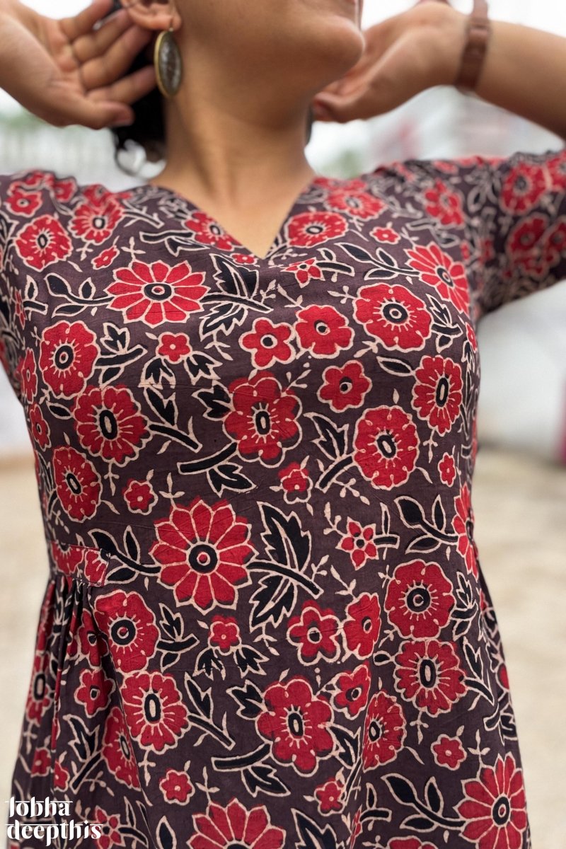 Florals on Chocolate Ajrakh Dress - Lobha Deepthis