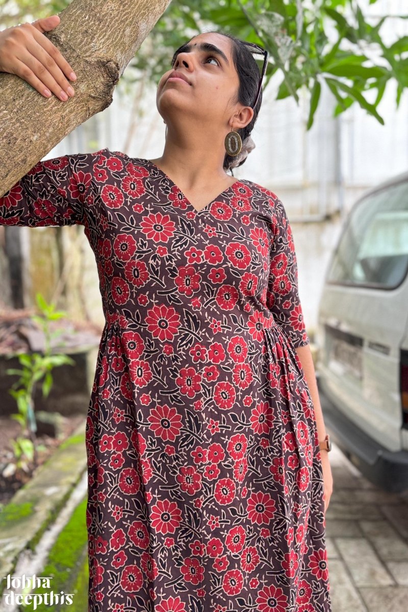 Florals on Chocolate Ajrakh Dress - Lobha Deepthis