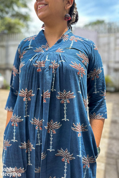 Florals on Indigo Ajrakh Dress - Lobha Deepthis