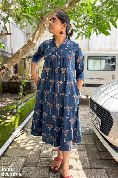 Florals on Indigo Ajrakh Dress - Lobha Deepthis