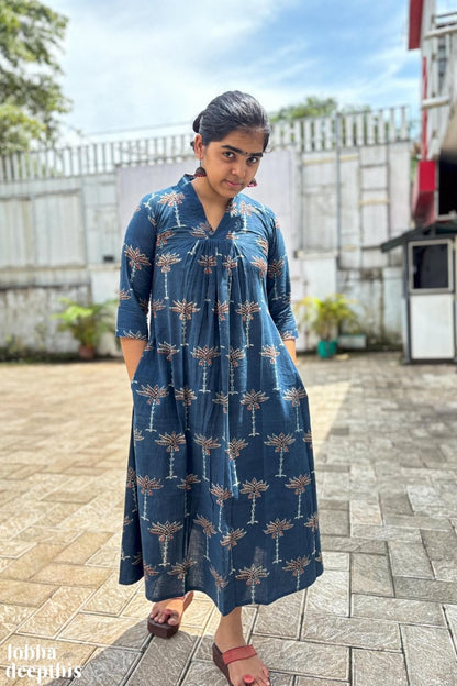 Florals on Indigo Ajrakh Dress - Lobha Deepthis