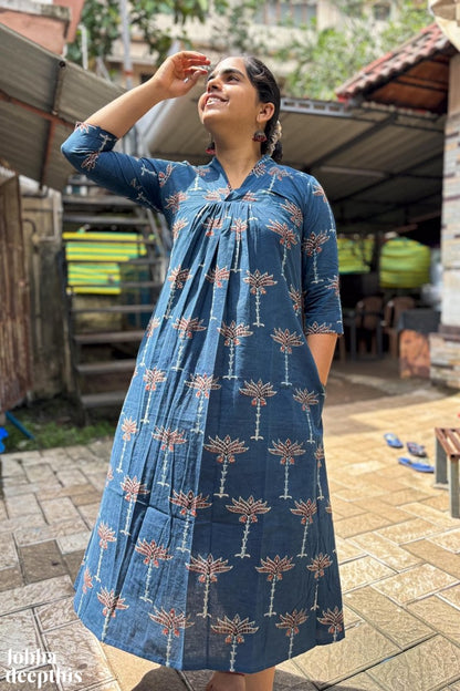 Florals on Indigo Ajrakh Dress - Lobha Deepthis