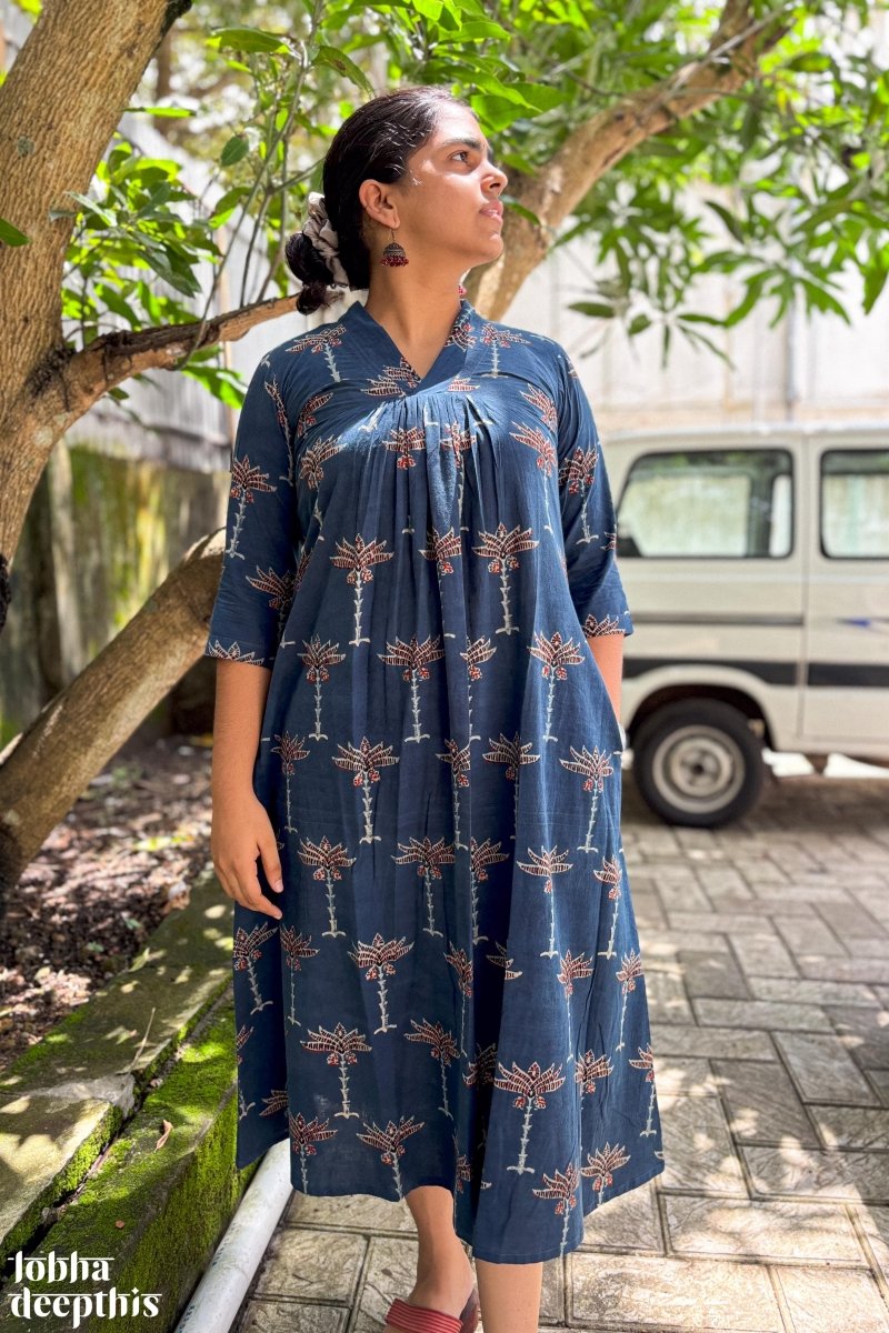 Florals on Indigo Ajrakh Dress - Lobha Deepthis