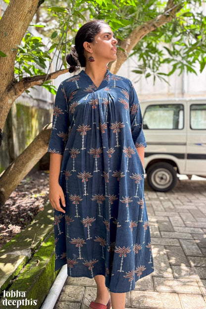 Florals on Indigo Ajrakh Dress - Lobha Deepthis