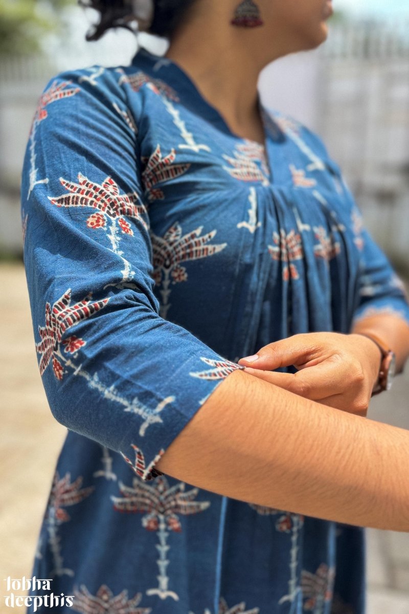 Florals on Indigo Ajrakh Dress - Lobha Deepthis