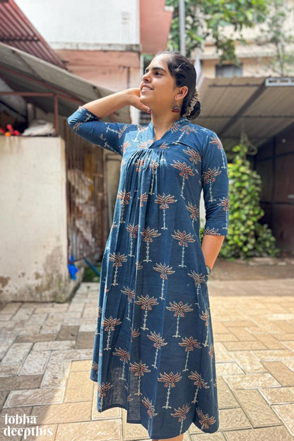 Florals on Indigo Ajrakh Dress - Lobha Deepthis