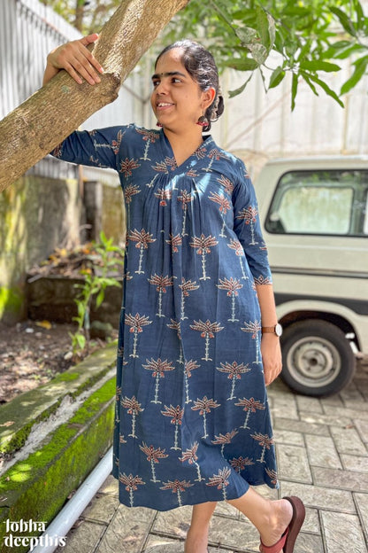 Florals on Indigo Ajrakh Dress - Lobha Deepthis