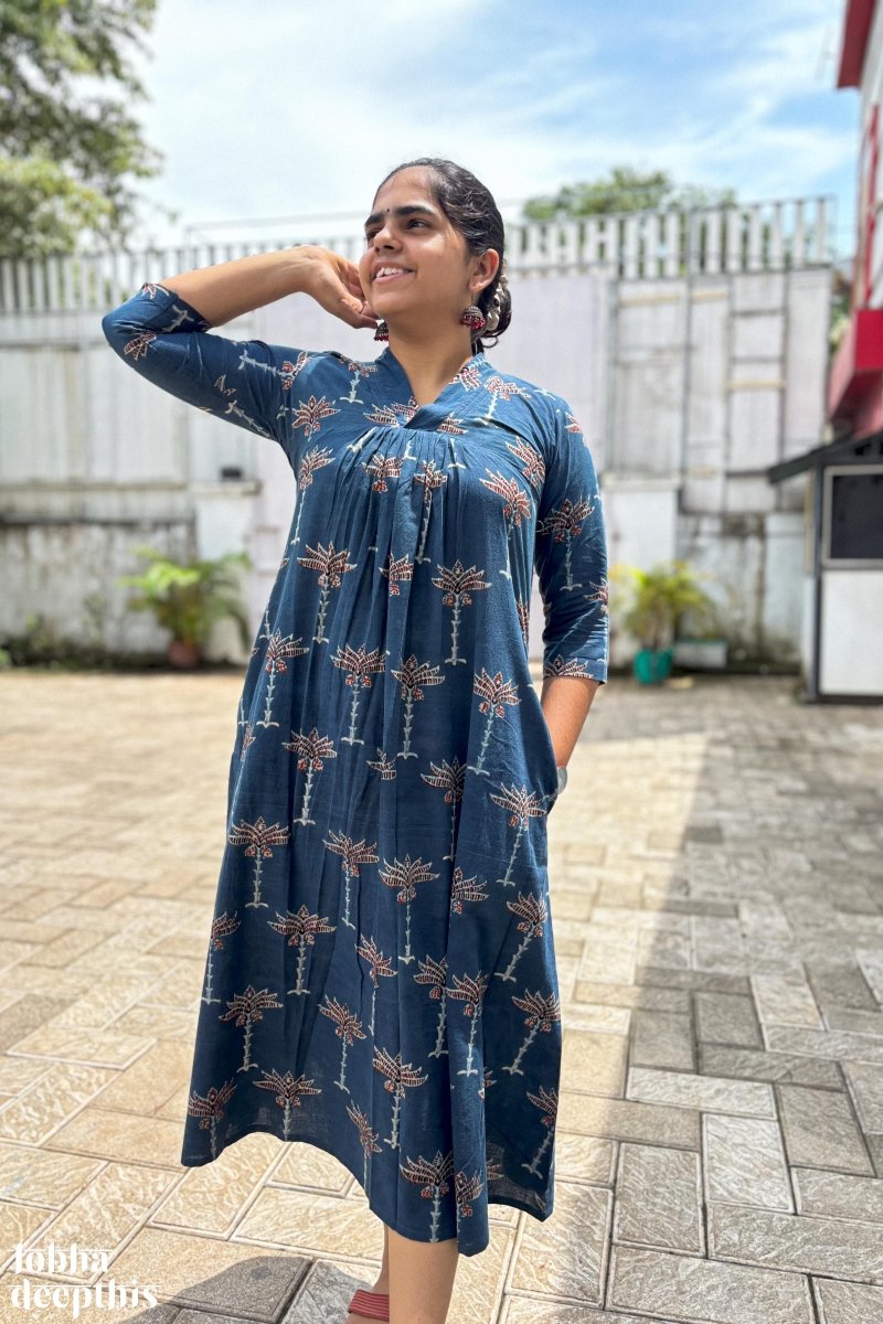 Florals on Indigo Blue Ajrakh Cotton Pleated Dress- Lobha Deepthis