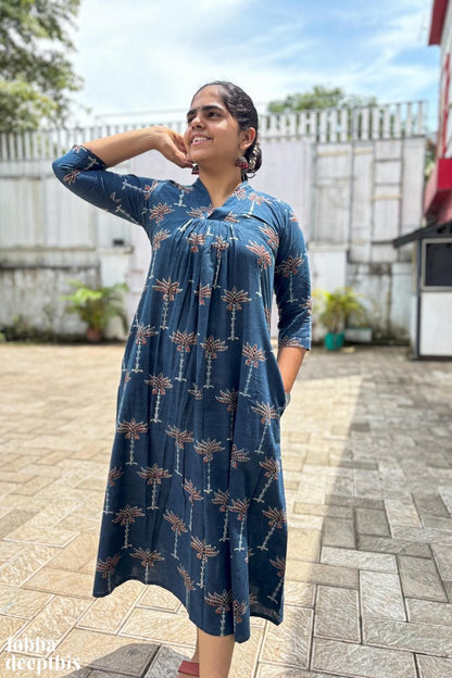 Florals on Indigo Ajrakh Dress - Lobha Deepthis