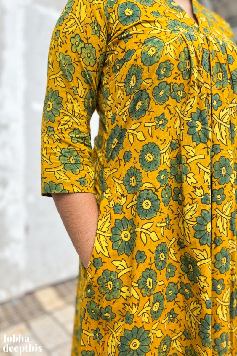 Florals on Turmeric Ajrakh Dress - Lobha Deepthis