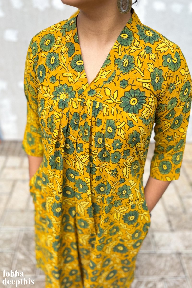 Florals on Turmeric Ajrakh Dress - Lobha Deepthis