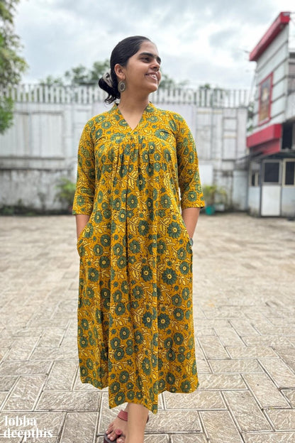 Florals on Turmeric Ajrakh Dress - Lobha Deepthis