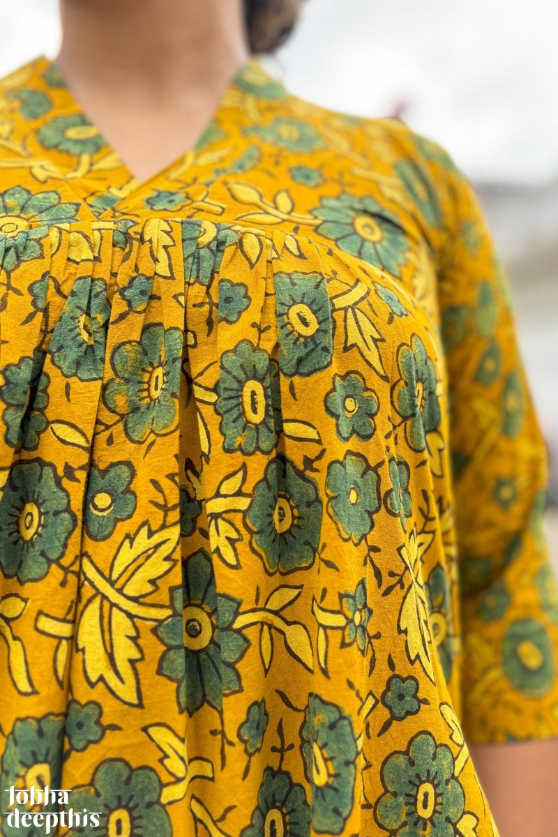 Florals on Turmeric Ajrakh Dress - Lobha Deepthis