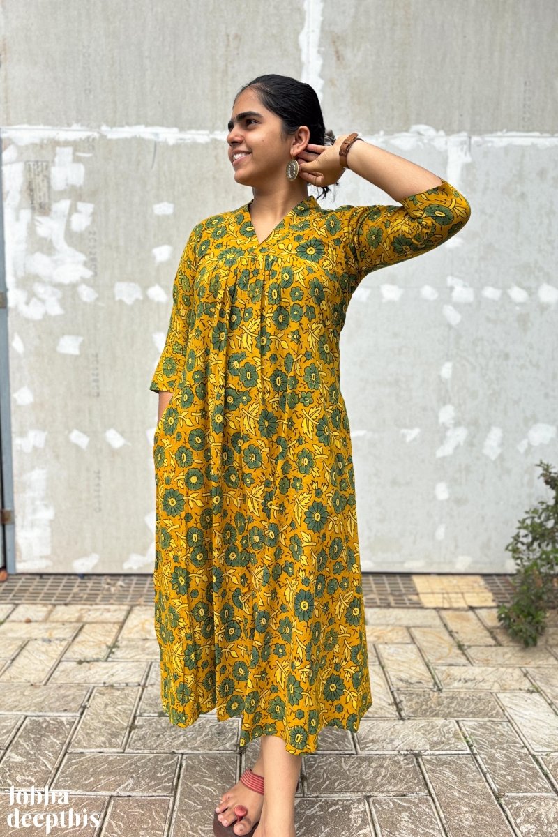 Florals on Turmeric Ajrakh Dress - Lobha Deepthis