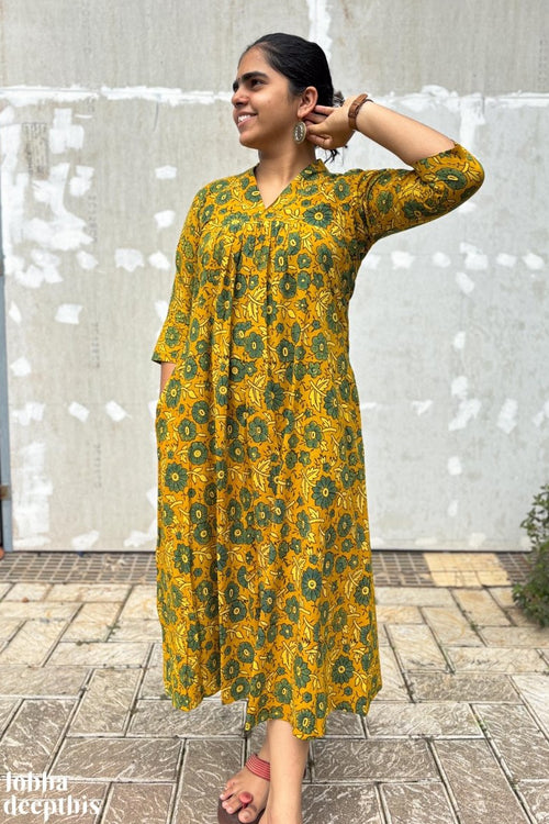 Florals on Turmeric Ajrakh Dress - Lobha Deepthis