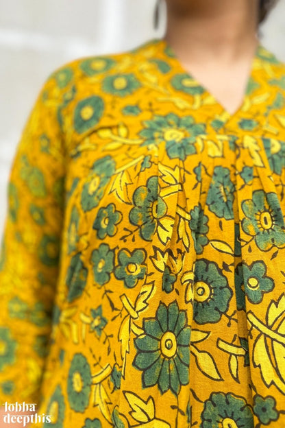 Florals on Turmeric Ajrakh Dress - Lobha Deepthis