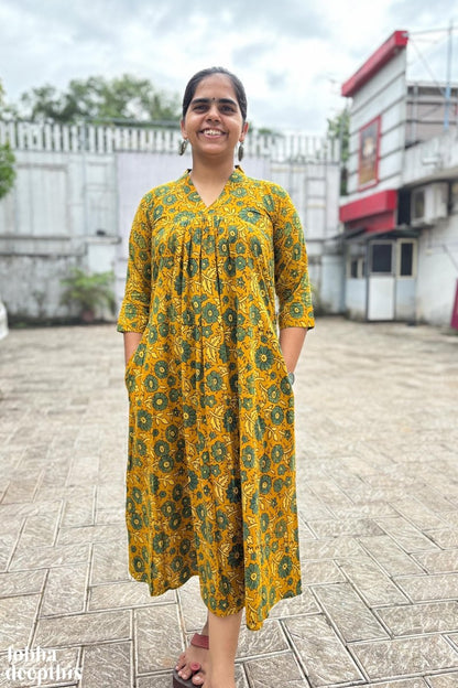 Florals on Turmeric Ajrakh Dress - Lobha Deepthis