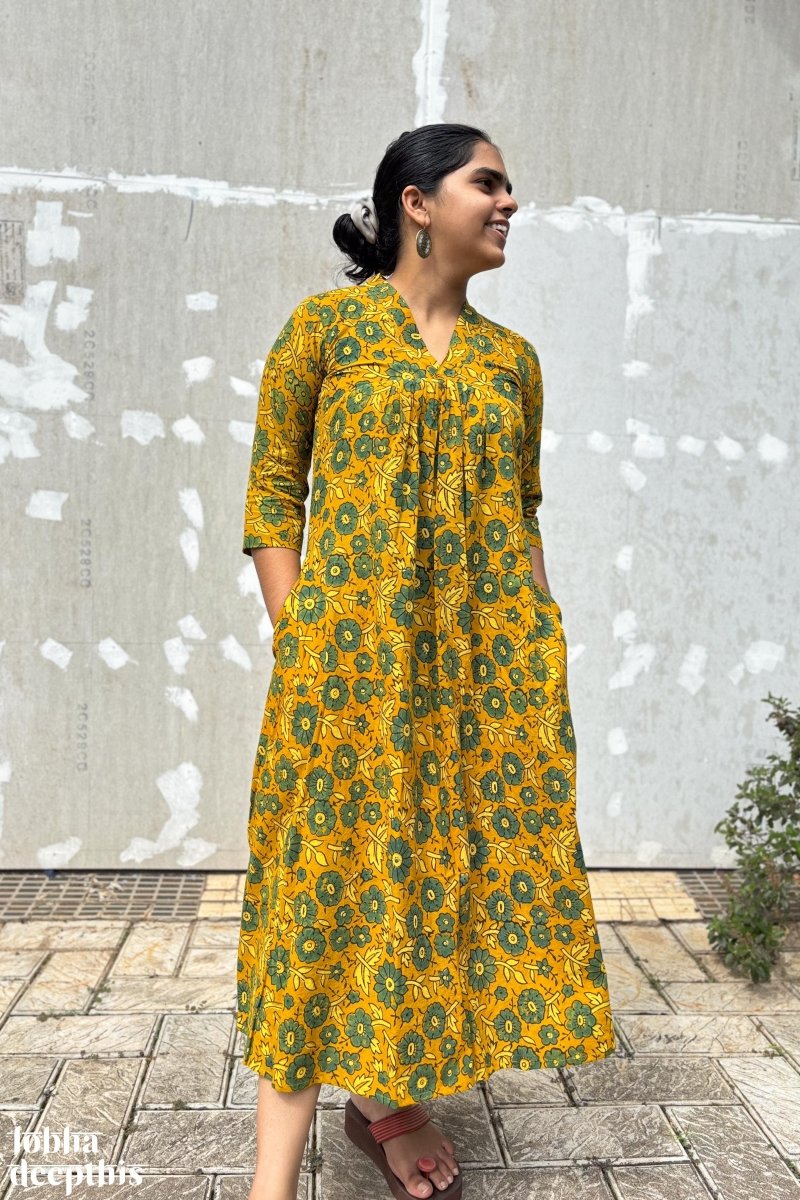 Florals on Turmeric Ajrakh Dress - Lobha Deepthis