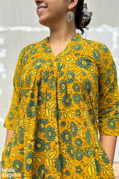 Florals on Turmeric Ajrakh Dress - Lobha Deepthis