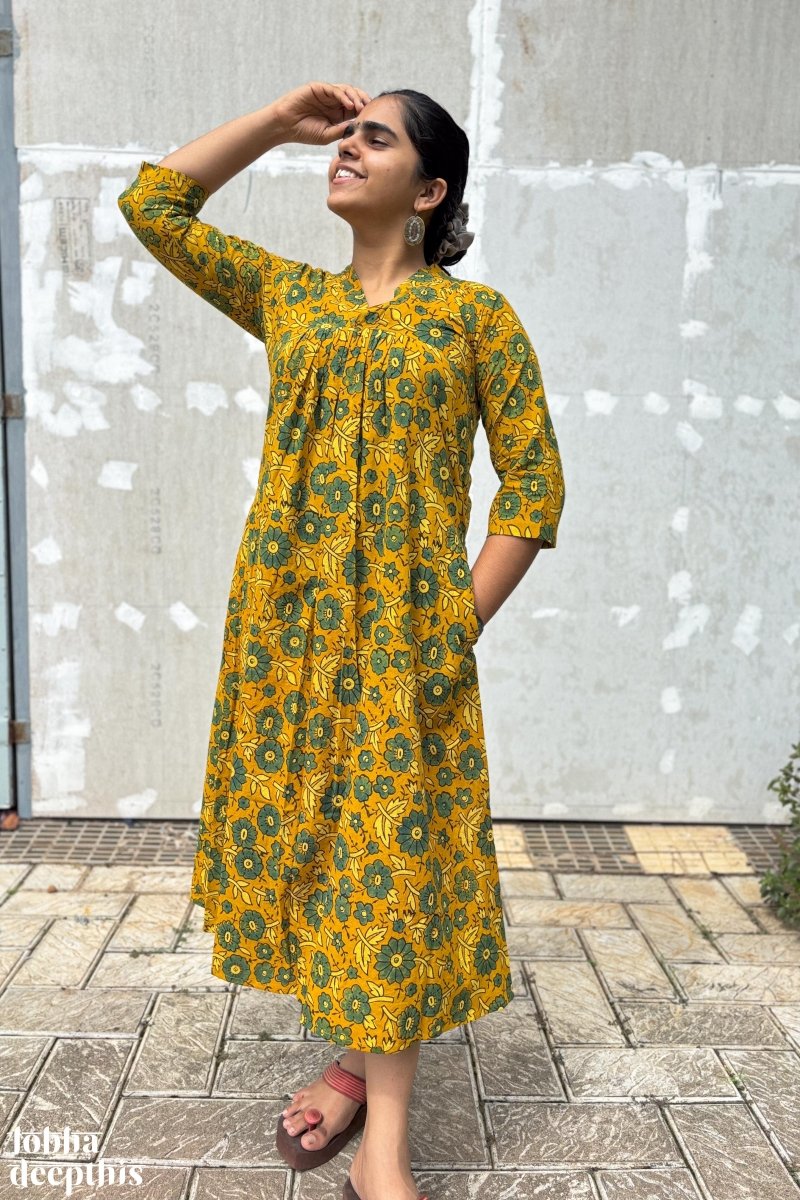 Florals on Turmeric Ajrakh Dress - Lobha Deepthis