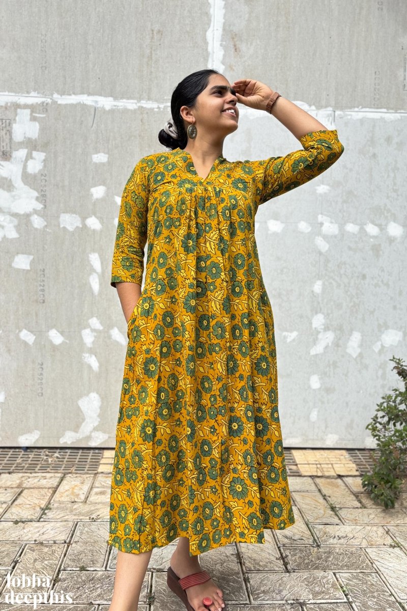 Florals on Turmeric Ajrakh Dress - Lobha Deepthis