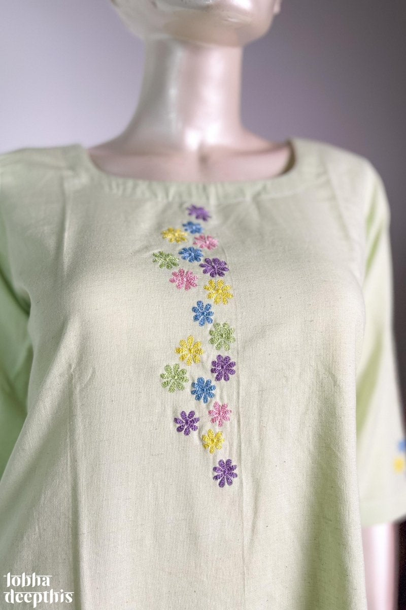 Florets on Pista Cotton Flax Kurta - Lobha Deepthis