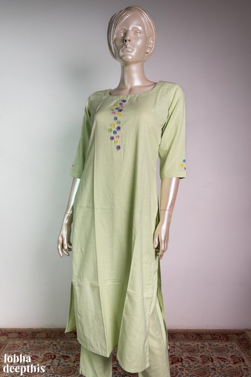 Florets on Pista Cotton Flax Kurta - Lobha Deepthis