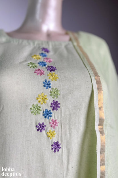 Florets on Pista Cotton Flax Kurta - Lobha Deepthis