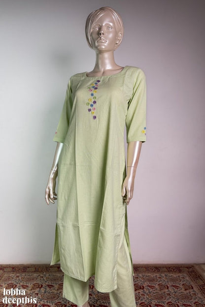 Florets on Pista Cotton Flax Kurta - Lobha Deepthis