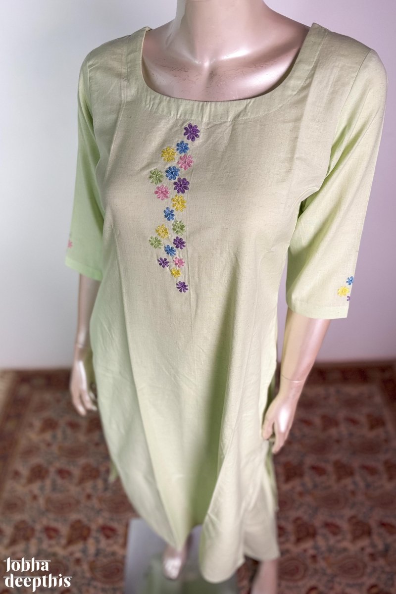 Florets on Pista Cotton Flax Kurta - Lobha Deepthis