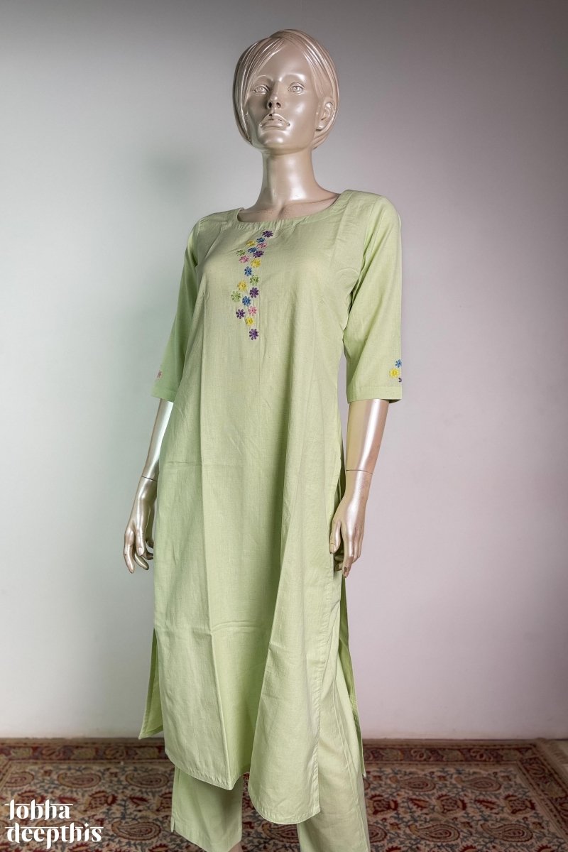 Florets on Pista Cotton Flax Kurta - Lobha Deepthis