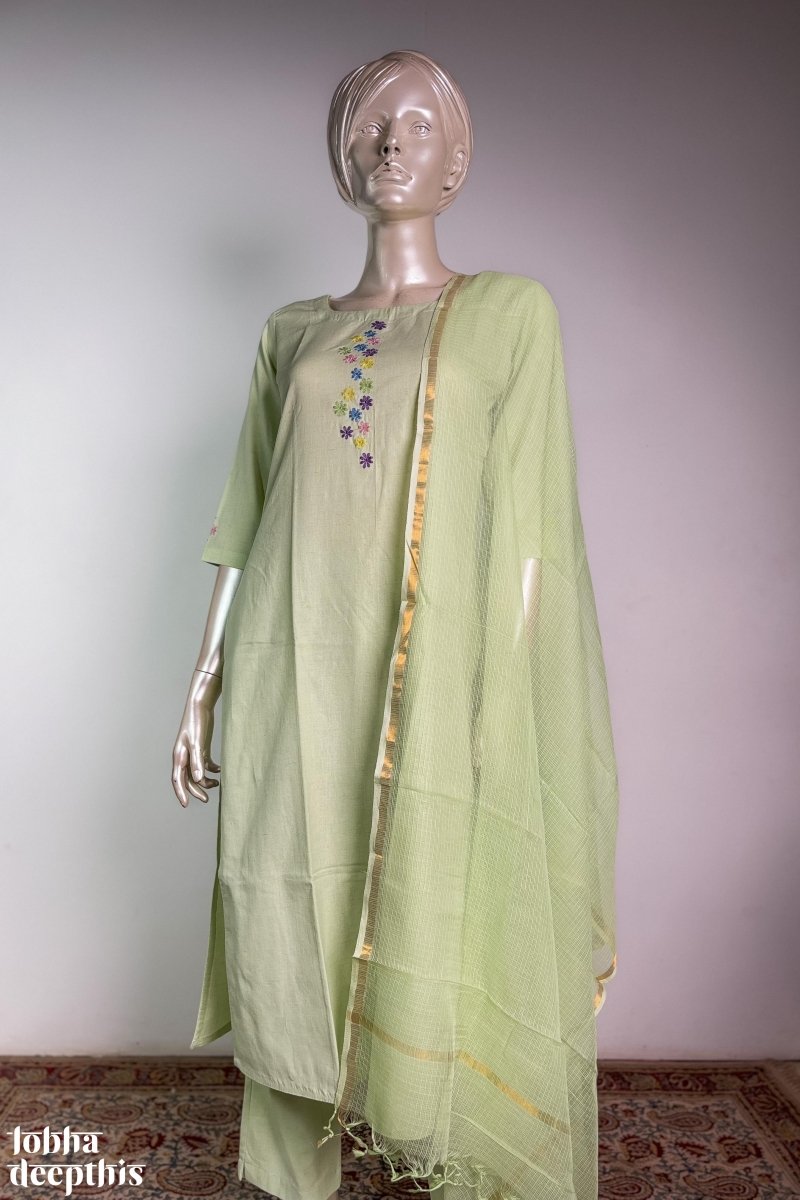 Florets on Pista Cotton Flax Kurta - Lobha Deepthis