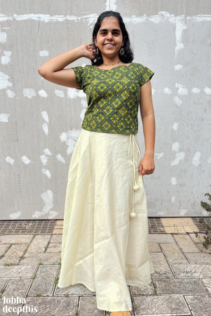 Green Ajrakh and Golden Tissue Onam Skirt & Top Set - Lobha Deepthis