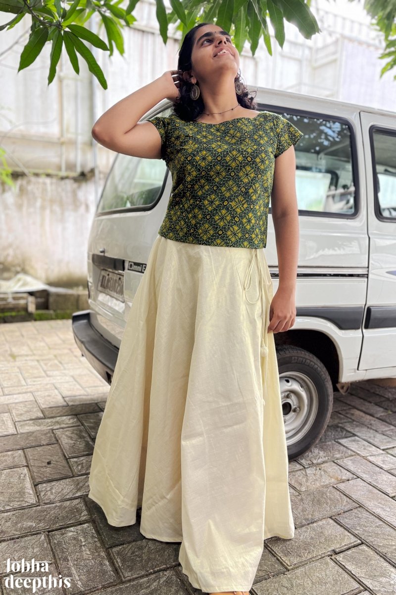 Green Ajrakh and Golden Tissue Onam Skirt & Top Set - Lobha Deepthis