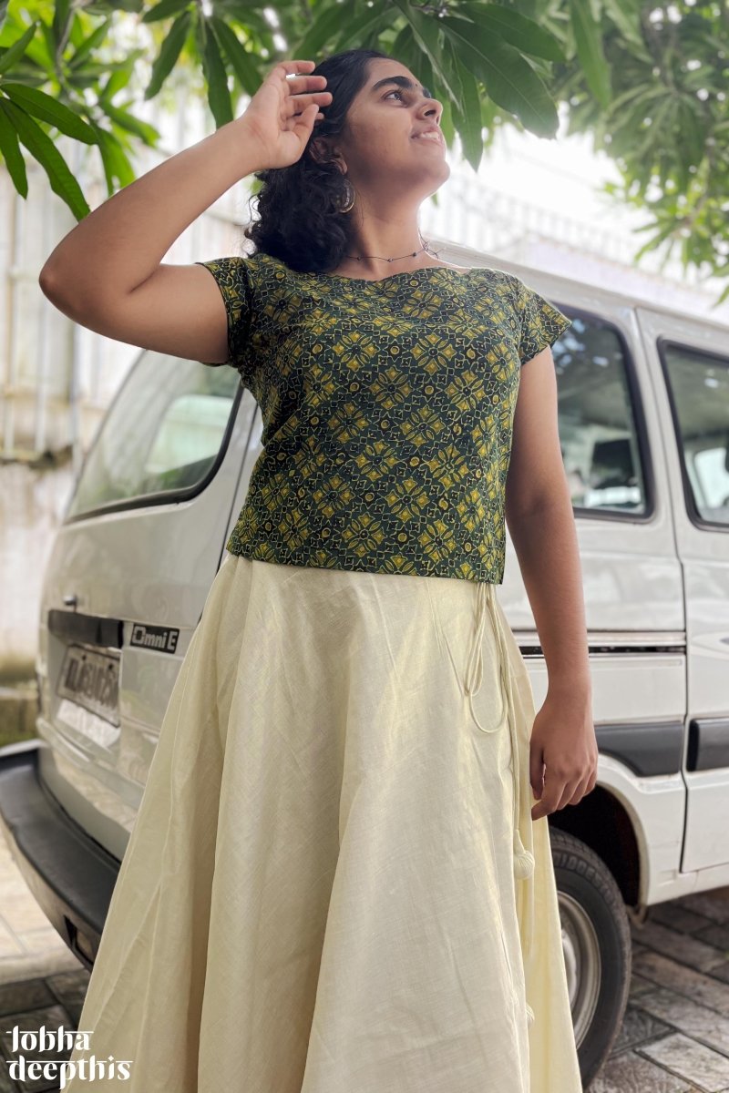 Green Ajrakh and Golden Tissue Onam Skirt & Top Set - Lobha Deepthis