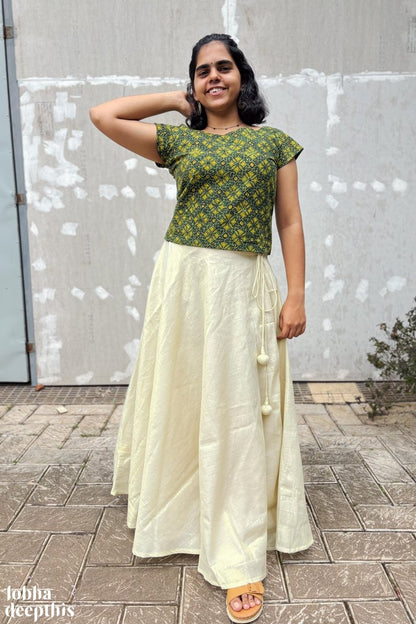 Green Ajrakh and Golden Tissue Onam Skirt & Top Set - Lobha Deepthis