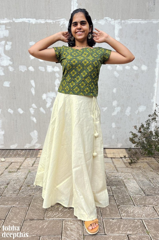 Green Ajrakh and Golden Tissue Onam Skirt & Top Set - Lobha Deepthis