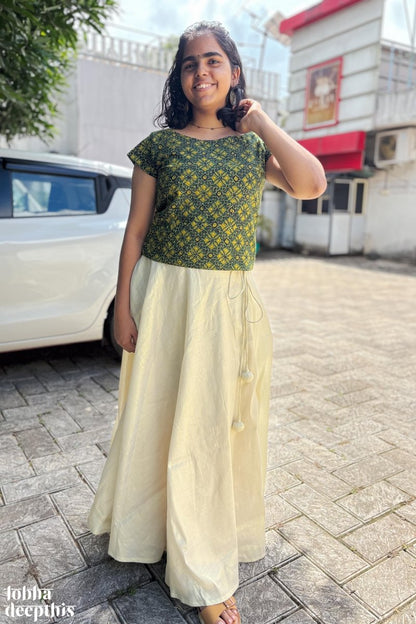 Green Ajrakh and Golden Tissue Onam Skirt & Top Set - Lobha Deepthis