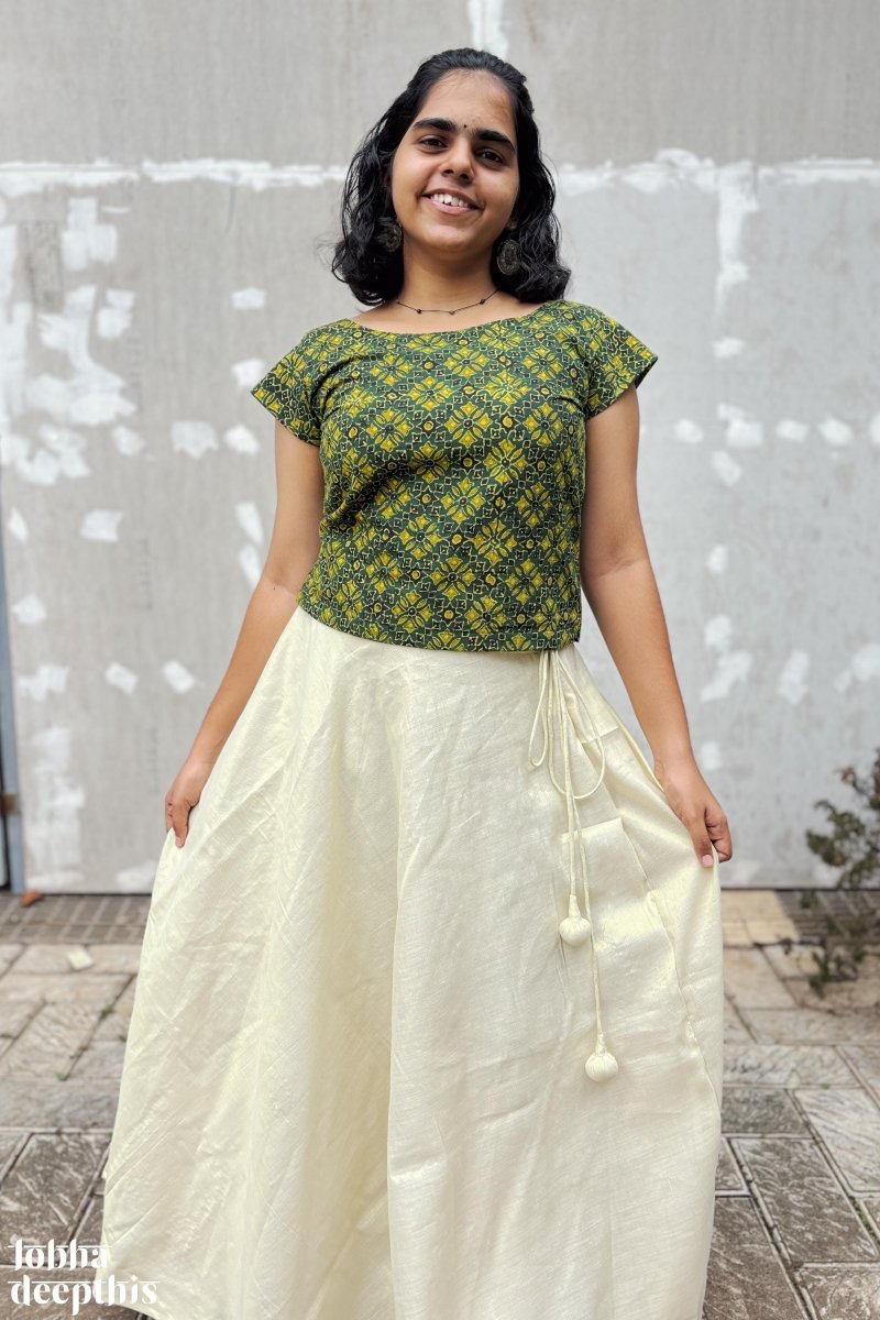 Green Ajrakh and Golden Tissue Onam Skirt & Top Set - Lobha Deepthis