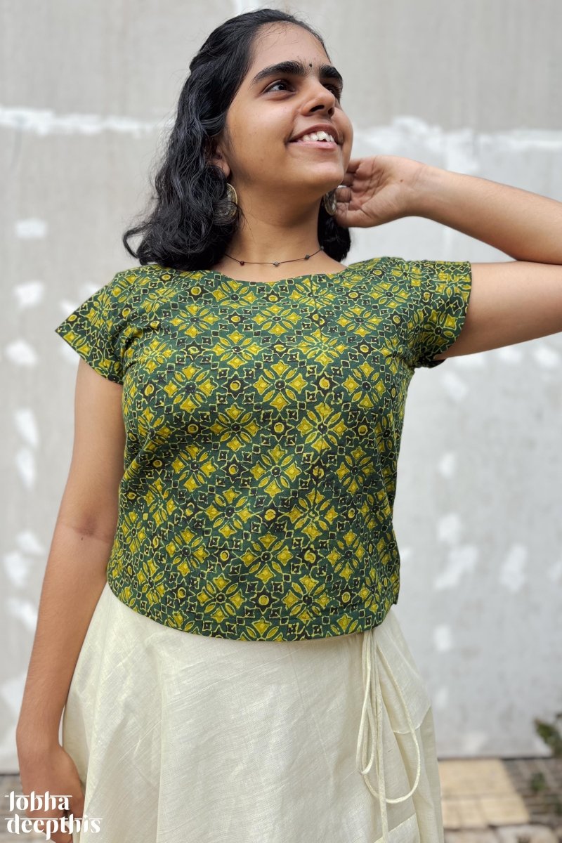 Green Ajrakh and Golden Tissue Onam Skirt & Top Set - Lobha Deepthis