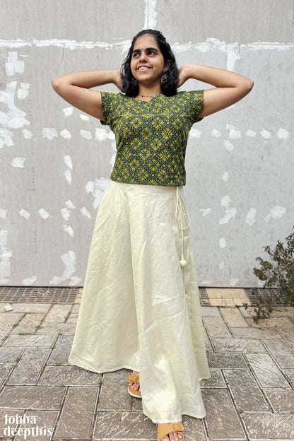 Green Ajrakh and Golden Tissue Onam Skirt & Top Set - Lobha Deepthis