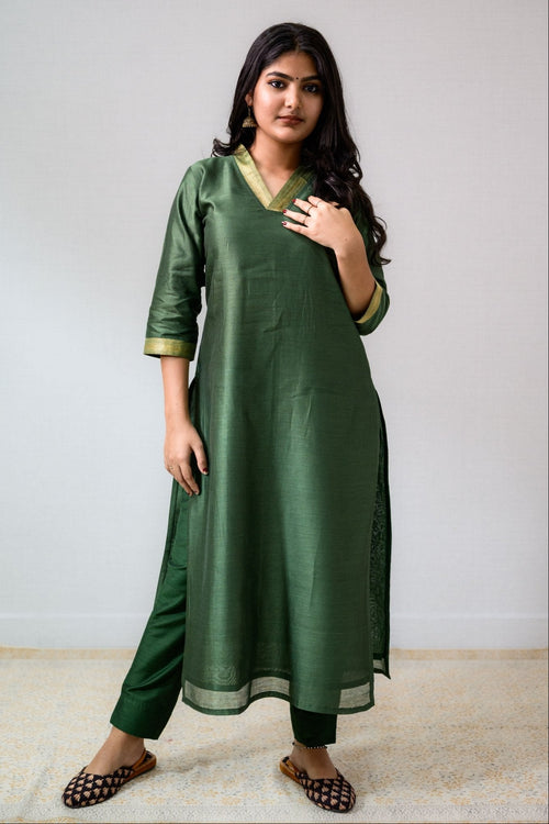 Green Maheshwari Silk Kurta - Lobha Deepthis