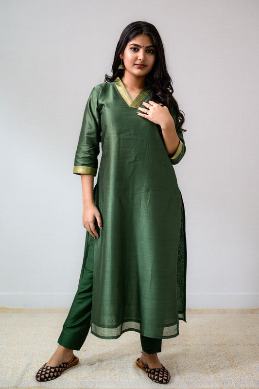 Green Maheshwari Silk Kurta - Lobha Deepthis