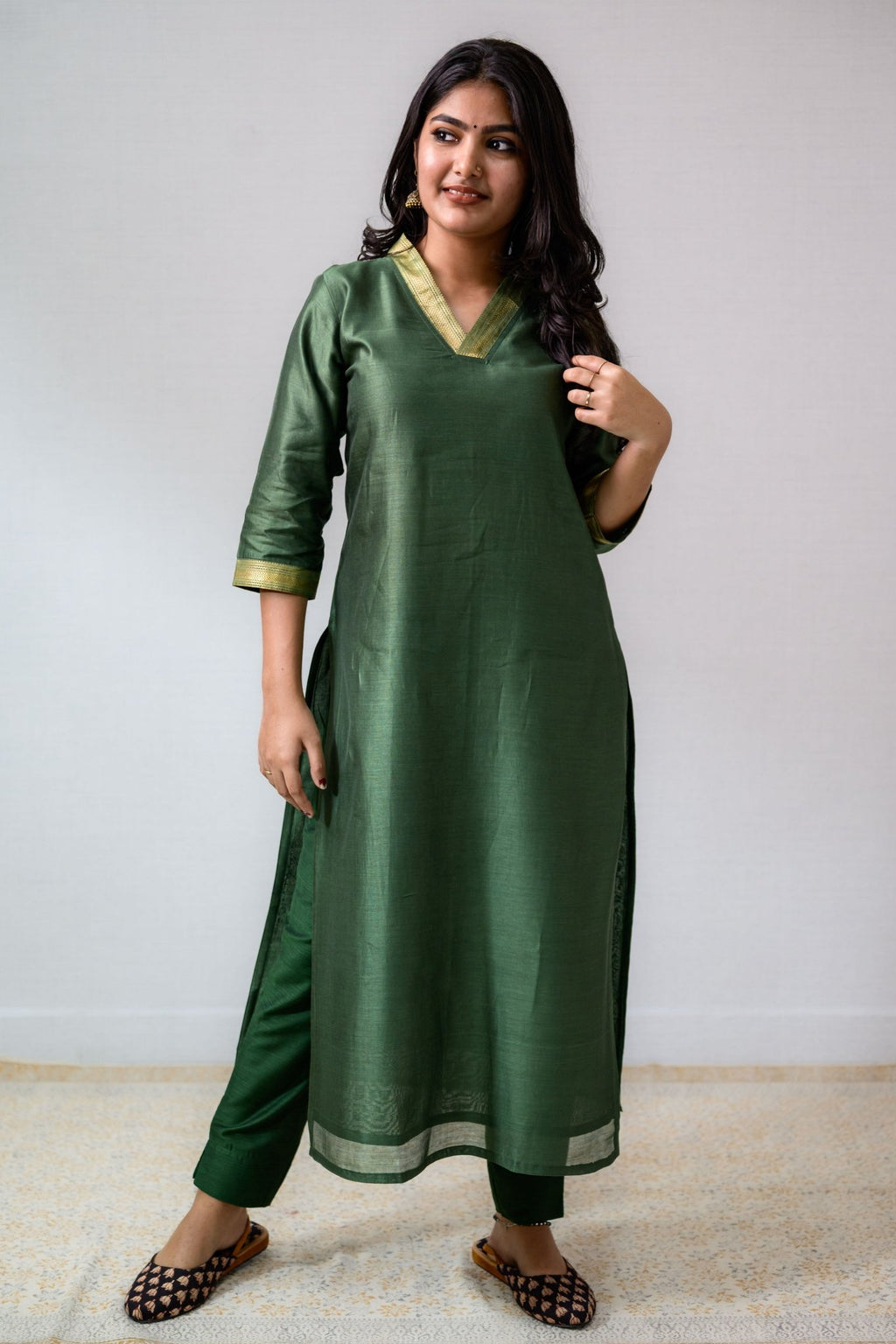 Green Maheshwari Silk Kurta - Lobha Deepthis