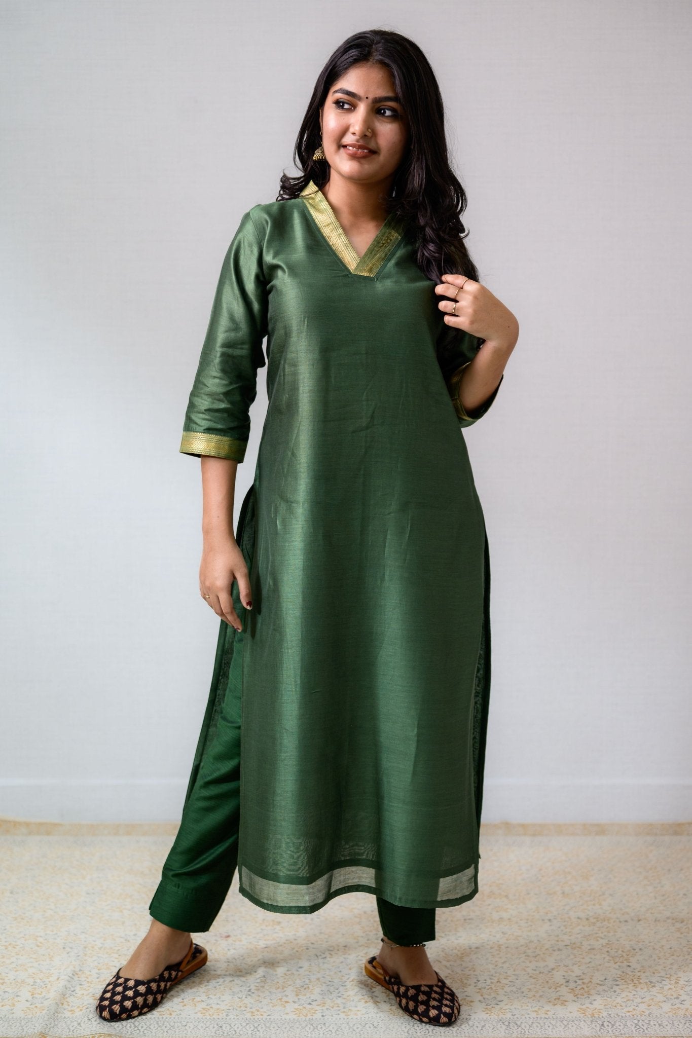 Green Maheshwari Silk Kurta - Lobha Deepthis